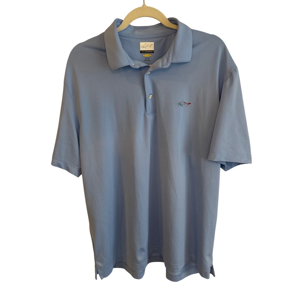 Greg Norman Mens XL Performance Golf Polo Shirt Blue Play Dry Shark Logo - Picture 1 of 4